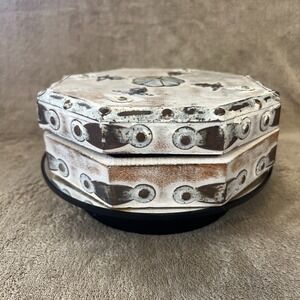 Wood and Metal Octagonal Trinket Jewelry Box Made In India 7" Painted Rustic